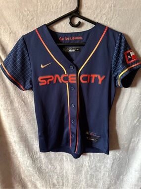 Nike Navy Space City #27 Altuve Short Sleeve Jersey with Orange & Yellow Accents